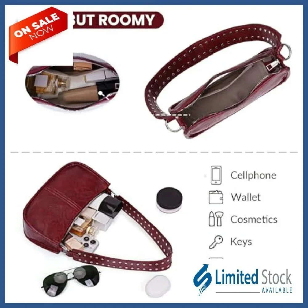 Small Studded Leather Hobo Bag with Dual Straps for Daily Use